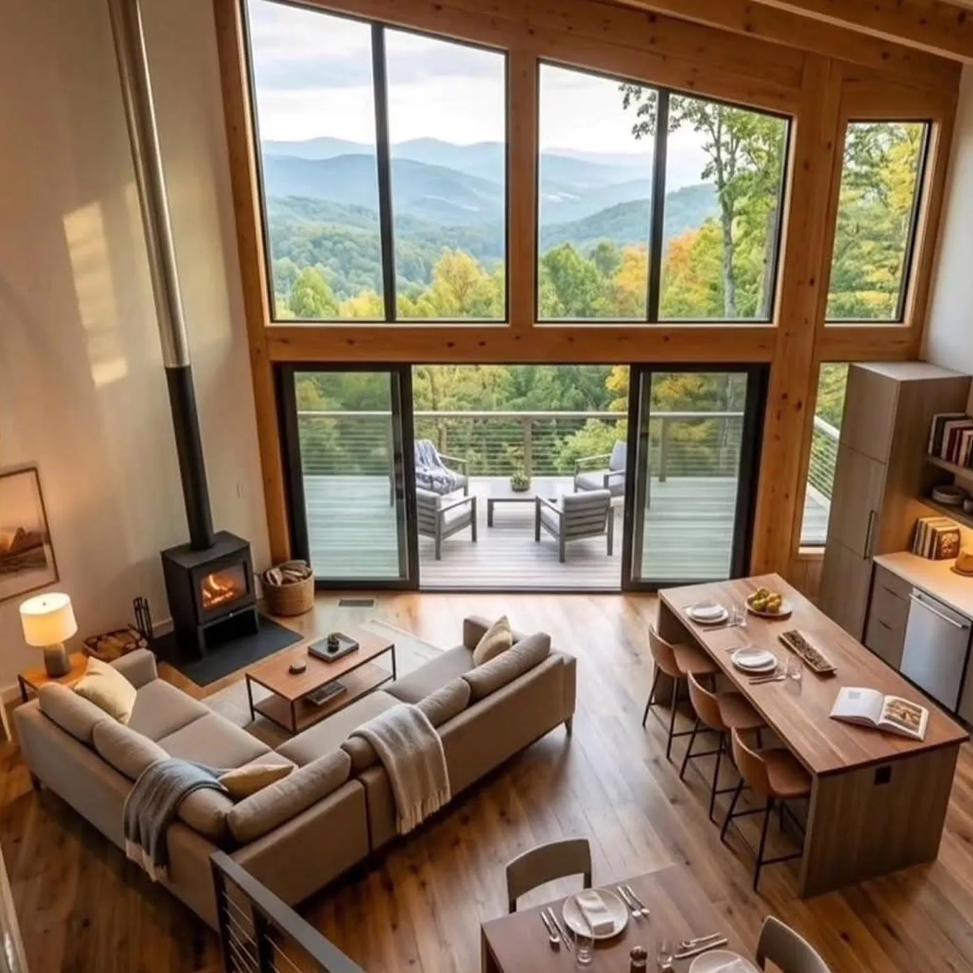 Double-height living room with a wood stove, opening onto a deck above the hills