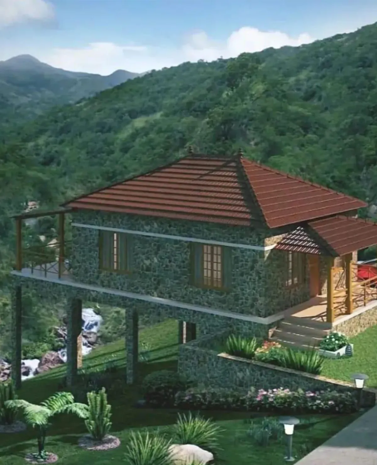 Stone cottage with a tiled roof on a green hillside above a stream